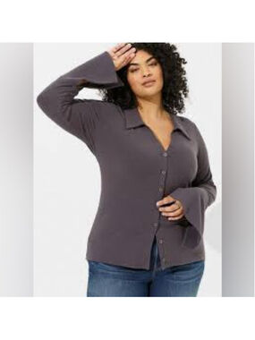 Super Soft Rib Button Front Flared Long Sleeve Top